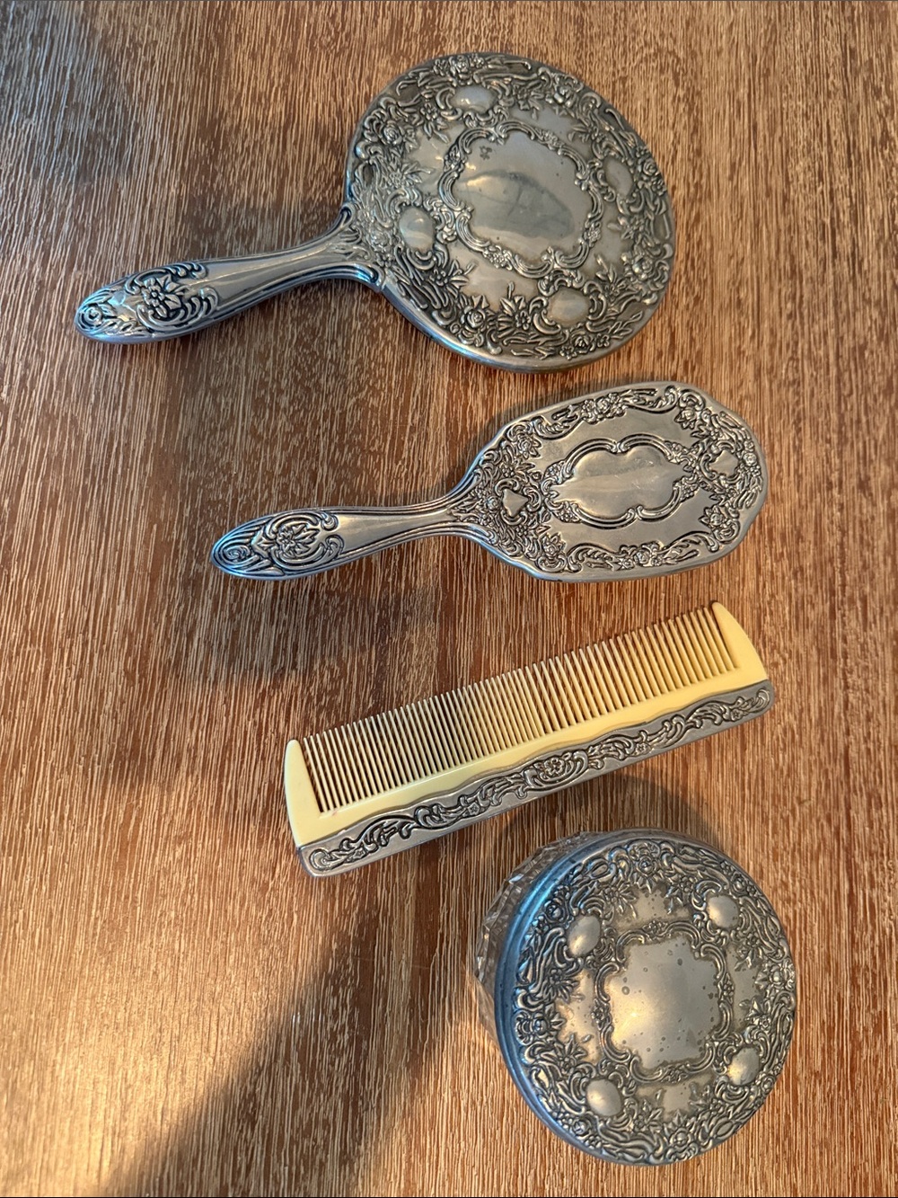 Vintage Silver Vanity Set - Hand Mirror, Powder Box, comb & Brush